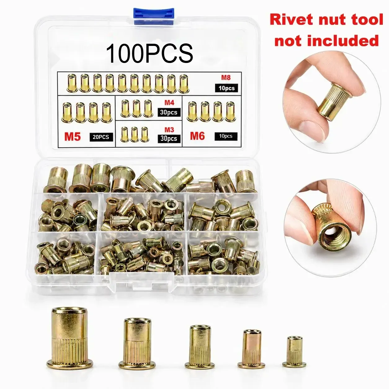 Head Rivet Nut Tool, M3 M4 M5 M6 M8 Rivnut Kit,Carbon Steel Rivnut Set-dy - 100pcs Nuts Only (Tool NOT Included)